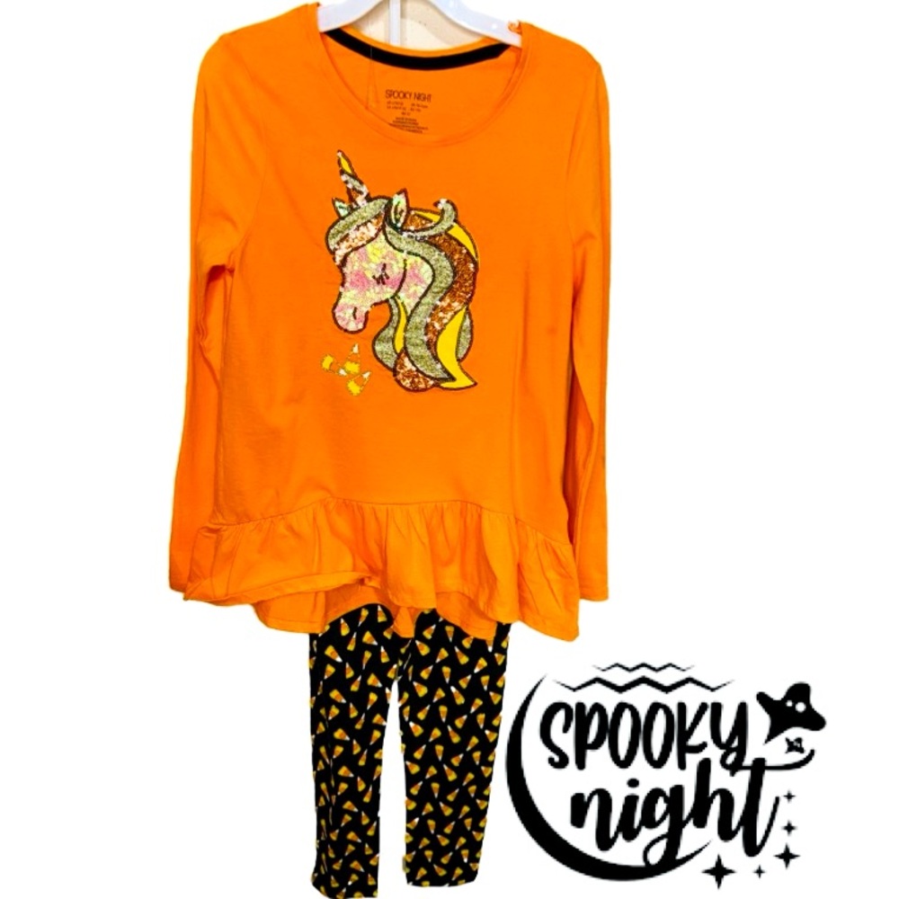 SPOOKY NIGHT Halloween Unicorn CandyCorn Legging Matching Set Girl’s Sz L(10/12)